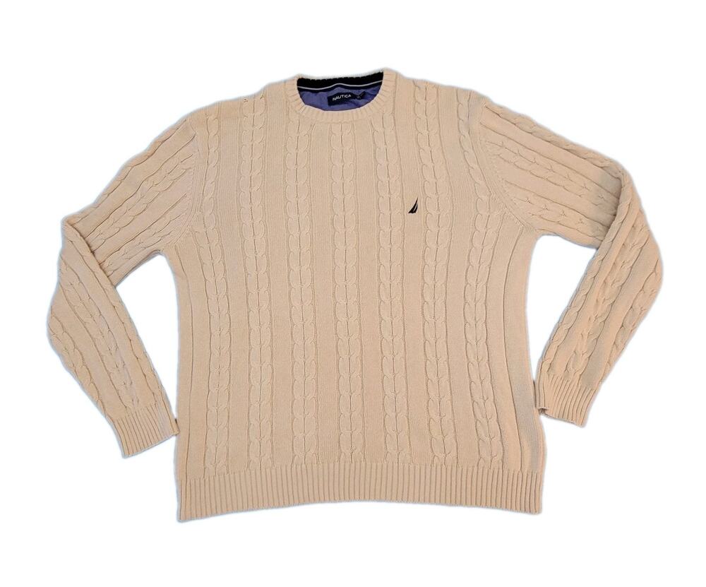 Nautica Men's Cable Knit Sweater XXL Cotton Ivory Cream Long Sleeve Crew Neck
